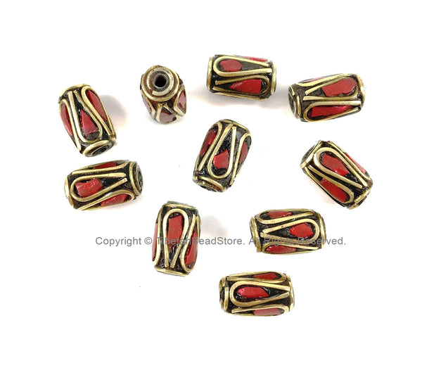 10 BEADS Tibetan Barrel Tube Shape Beads with Brass, Coral Inlay- TibetanBeadStore Brass Inlay Beads Nepal Tibetan Beads B3496-10