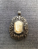 AS IS 92.5 Sterling Silver & Carved Buddha Head Tibetan Pendant - Repousse Carved Silver Lotus Floral Border Set Moonstone Buddha - SS8026B