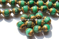 10 BEADS - Small Green JadeTibetan Beads with Brass Caps - Handmade Tibetan Beads, Pendants, Jewelry - TibetanBeadStore - B2488-10