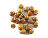 2 BEADS - Tibetan Honey Amber Color Resin Beads with Repousse Tibetan Silver Caps- TibetanBeadStore Ethnic Nepal Tibetan Beads- B3318-2