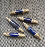 BIG Long Lapis Lazuli Bead with 92.5 Sterling Silver Caps - 1 BEAD Handmade Silver Floral Design Caps & Gemstone Beads Lapis Beads - B3355-1