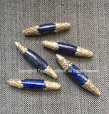 BIG Long Lapis Lazuli Bead with 92.5 Sterling Silver Caps - 1 BEAD Handmade Silver Floral Design Caps & Gemstone Beads Lapis Beads - B3355-1