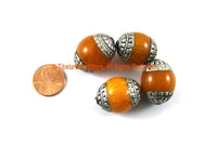 4 BEADS - Tibetan Honey Amber Color Resin Beads with Repousse Tibetan Silver Caps- TibetanBeadStore Ethnic Nepal Tibetan Beads- B3315-4