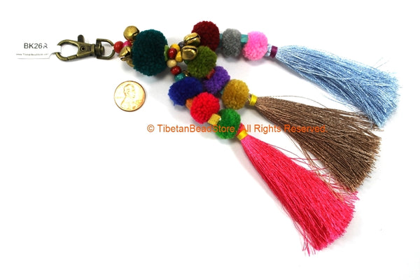 Luxury Pom Pom Tassels - Handmade Multi-colored Pom Pom Long Silk Tassels with Spring Clip - Boho Long Tassels - Bag Tassels - BK26R