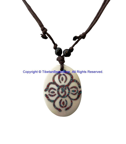 Double Vajra Design Carved Bone Pendant Necklace on Adjustable Cord - Double Dorje - Ethnic Tribal Handmade Boho Yoga Jewelry - HC166X