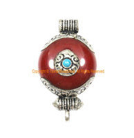 Small Ethnic Tibetan Red Resin Ghau Amulet Charm Pendant with Tibetan Silver Caps, Repousse Auspicious Conch & Bead Inlay Accent - WM7958