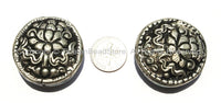 2 Beads - Big Tibetan Repousse Carved Tibetan Silver Auspicious Lotus Round Disc Shape Beads with Turquoise Side Inlays - B2280-2