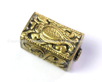 Repousse Carved Brass Rectangular Box-Shaped Tibetan Bead with Bug Beetle & Floral Details - 1 Bead - Handmade Tibetan Pendant Beads - B2439