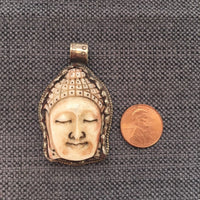 Buddha Head Pendant - Ethnic Tibetan Carved Bone Buddha Pendant with Tibetan Silver Lotus Detail - Handmade Tibetan Jewelry - WM7788A