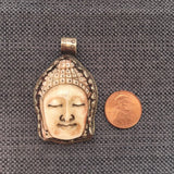 Buddha Head Pendant - Ethnic Tibetan Carved Bone Buddha Pendant with Tibetan Silver Lotus Detail - Handmade Tibetan Jewelry - WM7788A