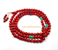Red Colored Bone Tibetan Mala Prayer Beads with Turquoise & Metal Spacers - 8mm Size Red Beads Ethnic Tibetan Mala Prayer Beads - PB205