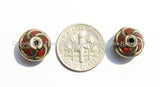 2 BEADS - Tibetan Floral Beads with Brass, Coral Inlays - Tibetan Beads - Floral Tibetan Brass Inlay Beads - B2597-2