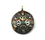 Ethnic Nepal Tibetan Double Vajra Pendant with Filigree Details, Colored Bead Inlays - Jewelry Supplies Pendant - TibetanBeadStore - WM7277
