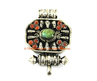 Tibetan Ghau Amulet Prayer Box Pendant with Turquoise & Coral Inlays - 1 PENDANT - 25mm x 40mm - Handmade Ethnic Tibetan Jewelry - WM7702
