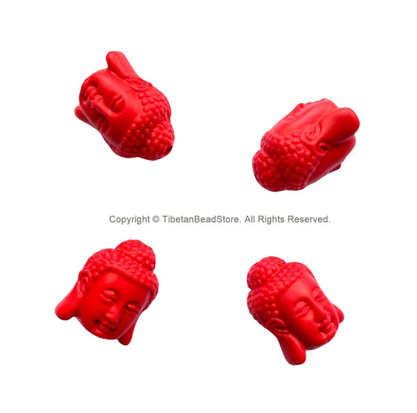 4 BEADS - Red Buddha Head Reversible Beads - Cinnabar Buddha Beads - B3499-4