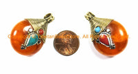 2 PENDANTS Reversible Ethnic Tibetan Amber Color Resin Pendants with Brass Wire Cap, White Metal, Turquoise & Coral Inlays - WM3749B-2