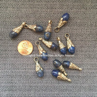 Ethnic Tribal Tibetan Lapis Drop Charm Pendant - Handmade Jewelry - Lapis Drops with Tibetan Silver Floral Bail - WM7795