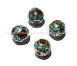 10 BEADS - Ethnic Tibetan Round Cube Filigree Beads with Brass, Turquoise & Coral Inlays - B920-10