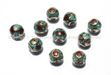 10 BEADS - Ethnic Tibetan Round Cube Filigree Beads with Brass, Turquoise & Coral Inlays - B920-10