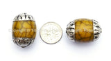 2 beads - Tibetan Yellow Crackle Resin Beads with Tibetan Silver Caps - Ethnic Nepal Tibetan Beads - B953