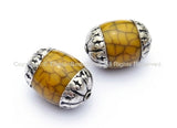 2 beads - Tibetan Yellow Crackle Resin Beads with Tibetan Silver Caps - Ethnic Nepal Tibetan Beads - B953