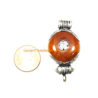 Small Ethnic Tibetan Amber Resin Ghau Amulet Charm Pendant with Tibetan Silver Caps, Repousse Floral Detail & Coral Inlay Accent - WM7961