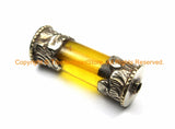 1 BEAD Tibetan Amber Resin Bead with Antiqued Repousse Tibetan Silver Caps - Ethnic Nepal Tibetan Tribal Amber Barrel Beads - B3081