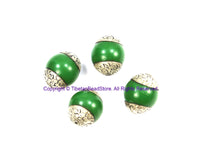 4 BEADS Beautiful Big Green Resin Tibetan Beads with Repousse Carved Floral Tibetan Silver Caps - Green Beads Focal Tibetan Beads - B3253-4