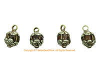 Old Carnelian Melon-Shaped Ethnic Tibetan Charm Pendant with Tibetan Silver Wire Inlay & Repousse Floral Caps - WM7985P