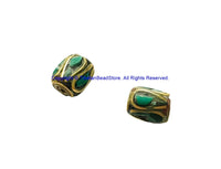 4 BEADS Tibetan Barrel Shape Beads with Brass, Turquoise Inlays - Ethnic Nepal Tibetan Beads - B3521-4