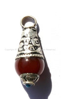 2 PENDANTS Tibetan Carnelian Drop Amulet Charm Pendants with Tibetan Silver Caps & Turquoise Accent - TibetanBeadStore Charms - WM3706-2