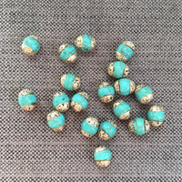 10 BEADS - Tibetan Turquoise Beads with Repousse Tibetan Silver Caps - Blue Howlite Turquoise Beads - Tibetan Beads Beading - B3460-10