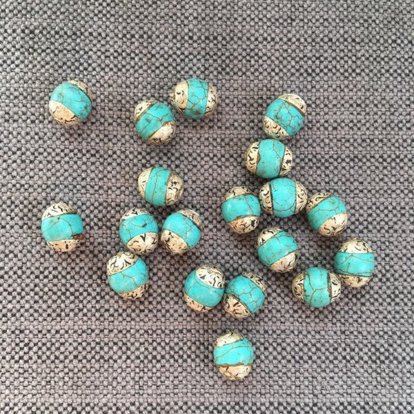 2 BEADS Tibetan Turquoise Beads with Repousse Tibetan Silver Caps - Blue Howlite Turquoise Beads - Tibetan Beads Beading - B3460-2