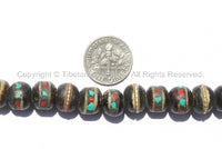 50 BEADS Black Bone Inlaid Tibetan Beads with Turquoise & Coral Inlays - 7-8mm - Tibetan Beads - LPB10S-50