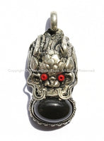 Tibetan Dragon Pendant with Copal Bead Inlays - Ethnic Nepal Tibetan Handmade Jewelry - WM2657