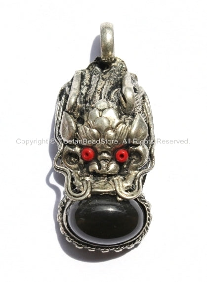 Tibetan Dragon Pendant with Copal Bead Inlays - Ethnic Nepal Tibetan Handmade Jewelry - WM2657