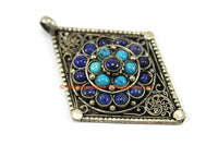 Tibetan Pendant Ethnic Filigree Diamond Kite-shape Nepal Tibetan Pendant with Lapis, Turquoise Bead Inlays - Handmade Jewelry - WM7712