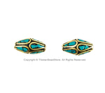 2 BEADS Tibetan Bicone Beads with Brass & Turquoise Inlays by TibetanBeadStore - Turquoise Beads Brass Inlay Beads Nepal Beads B3498-2