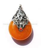 Reversible Tibetan Amber Resin Amulet Pendant with Tibetan Silver Caps, Repousse Auspicious Conch & Double Fish Details - WM2833-1
