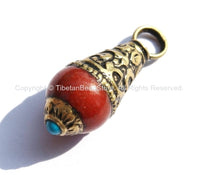 Ethnic Tibetan Red Jade Charm Pendant with Brass Caps and Turquoise Color Bead Accent - Charms & Findings - TibetanBeadStore - WM4009-1