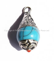 Blue Crackle Copal Tibetan Healing Amulet Pendant with Tibetan Silver Caps - Handmade Ethnic Tibetan Pendant - WM2834-1