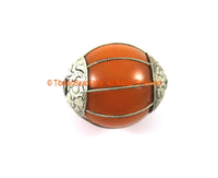 BIG Tibetan Amber Resin Bead with Tibetan Silver Wire & Repousse Carved Floral Caps - 29mm x 35mm Ethnic Amber Color Resin Beads - B3302