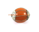 BIG Tibetan Amber Resin Bead with Tibetan Silver Wire & Repousse Carved Floral Caps - 29mm x 35mm Ethnic Amber Color Resin Beads - B3302