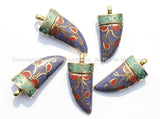 Tibetan Horn Tusk Amulet Pendant with Brass, Turquoise, Lapis & Coral Inlays - Boho Tribal Ethnic Tibetan Nepalese Horn Amulet - WM5032