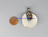 92.5 Sterling Silver Repousse Carved Flower & Mother of Pearl Shell Round Tibetan Pendant - Handmade Ethnic Tibetan Jewelry - SS8031