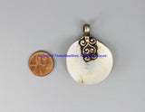 92.5 Sterling Silver Repousse Carved Flower & Mother of Pearl Shell Round Tibetan Pendant - Handmade Ethnic Tibetan Jewelry - SS8031