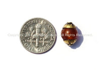 4 BEADS - Small Tibetan Carnelian Beads with Brass Caps - Handmade Capped Gemstone Tibetan Beads - B495-4