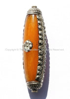 LONG Tibetan Amber Color Resin Bead with Repousse Handcarved Tibetan Silver Band & Caps - Ethnic Tribal Tibetan Amber Beads - B2525-1