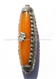 LONG Tibetan Amber Color Resin Bead with Repousse Handcarved Tibetan Silver Band & Caps - Ethnic Tribal Tibetan Amber Beads - B2525-1