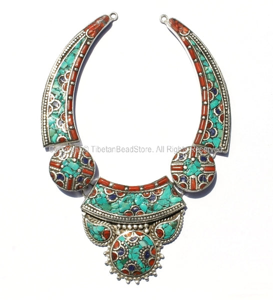 Ethnic Tibetan Necklace Bead Set with Lapis, Turquoise & Coral Inlays - DIY Necklace - DYI Fine Quality Tibetan Jewelry - N145